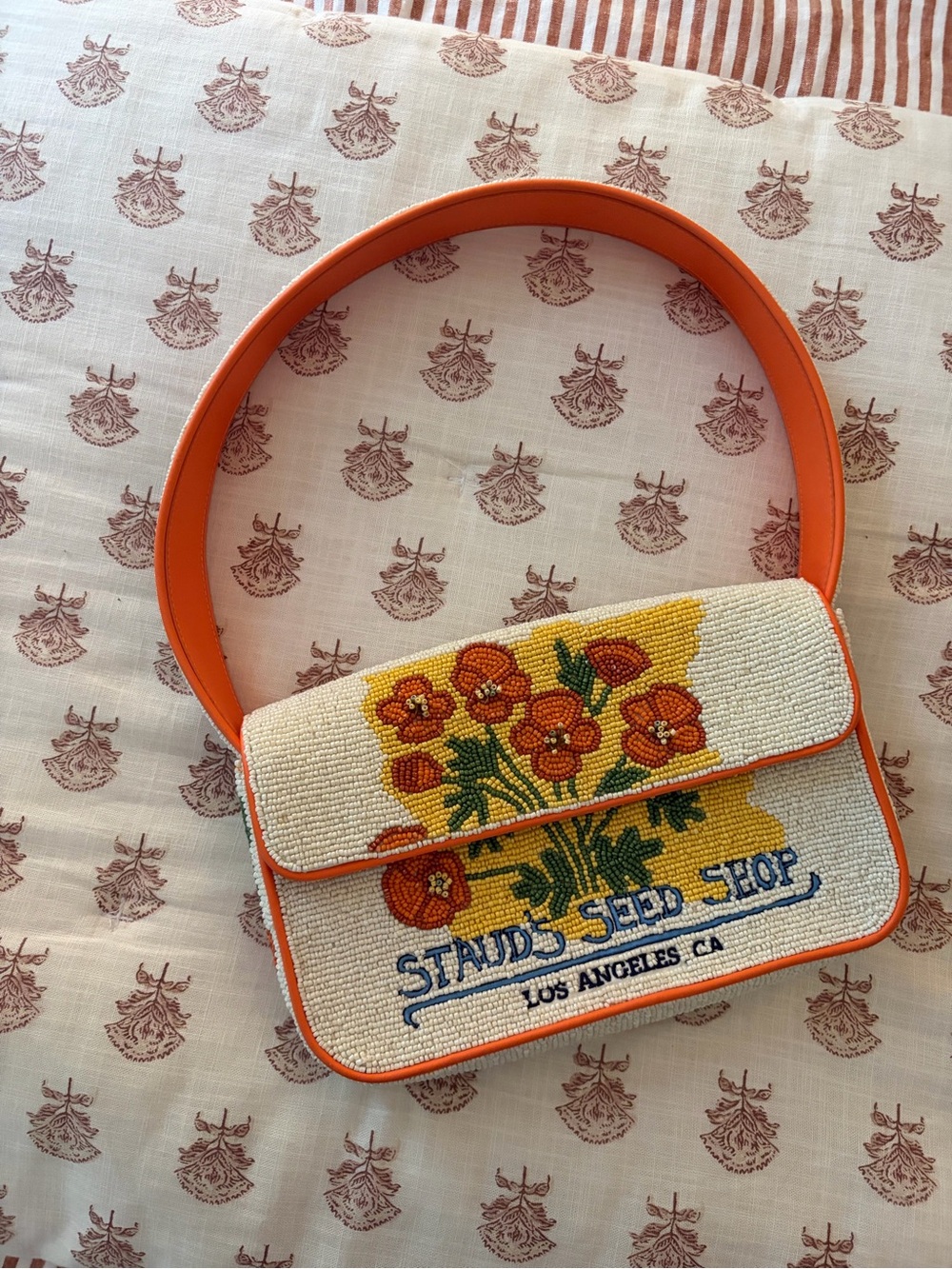 STAUD Orange and Cream Beaded Floral Crossbody Bag
